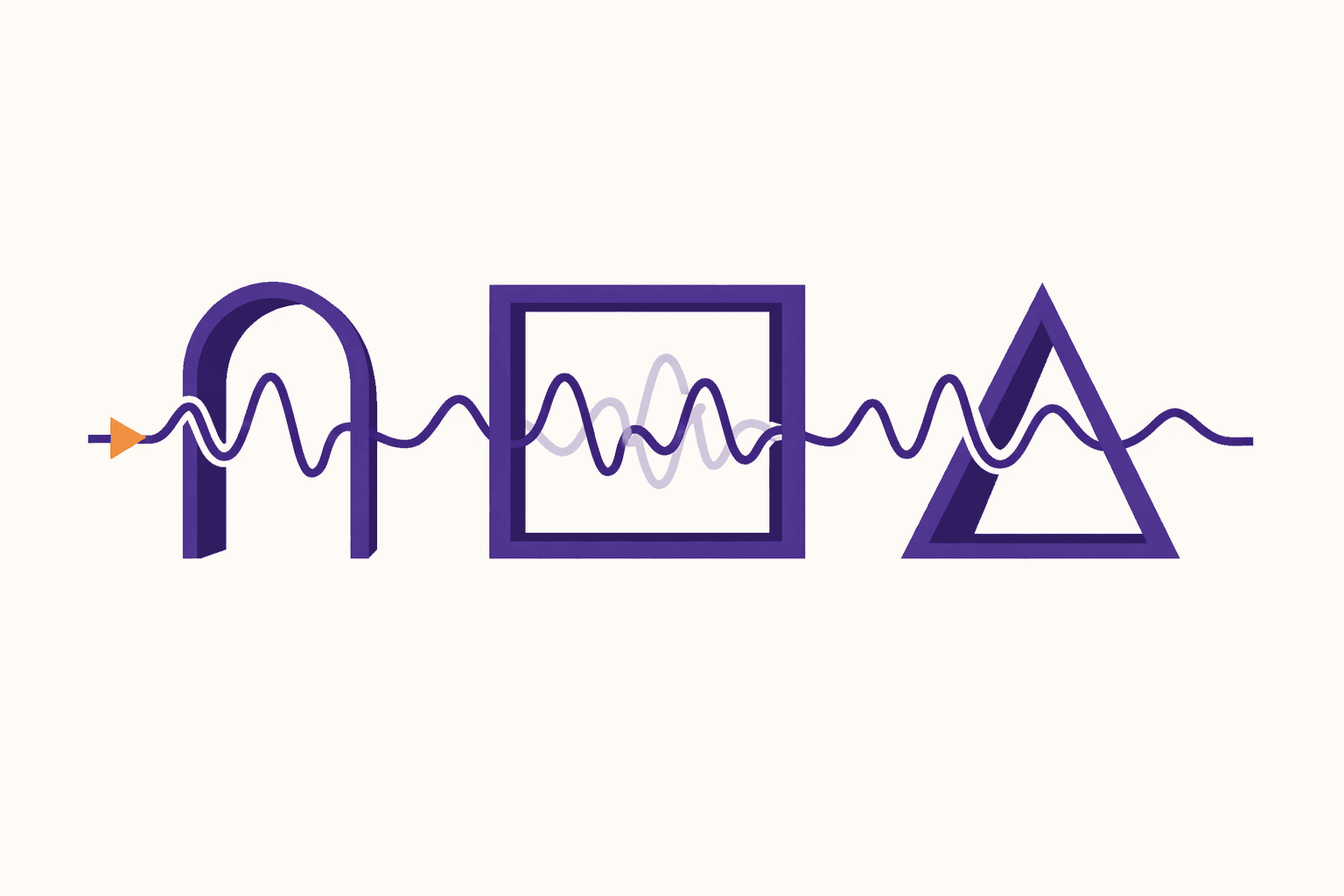 Abstract editorial illustration: a sound wave passing through three differently-shaped gates, one of which retains a copy.