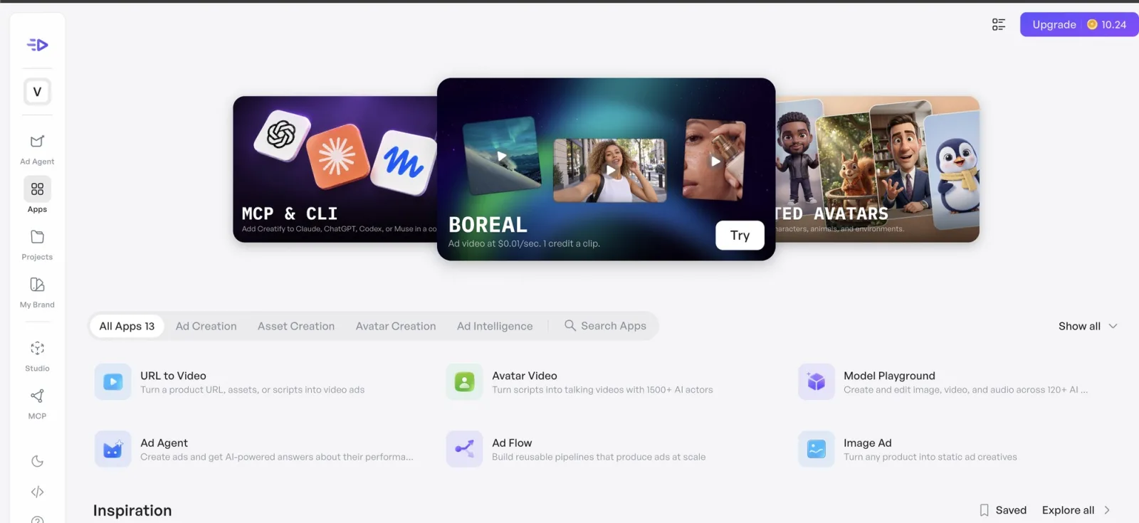 Creatify Apps page with a Boreal banner reading Ad video at $0.01/sec. 1 credit a clip, beside MCP & CLI and avatar banners, above an All Apps 13 list.