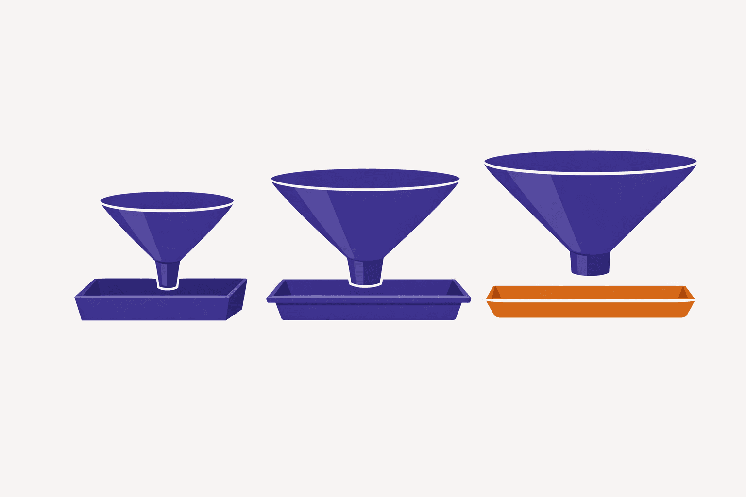Abstract editorial illustration: three funnels of increasing width, each draining into a shallow collecting tray, with the widest funnel's tray picked out in orange.